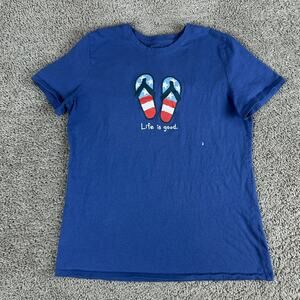 Life Is Good Shirt Womens Medium Blue Red USA Flag Flip Flops Short Sleeve